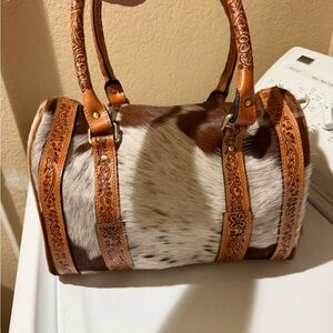 Leather-Trim Cowhide Barrel Bag in Brown and White